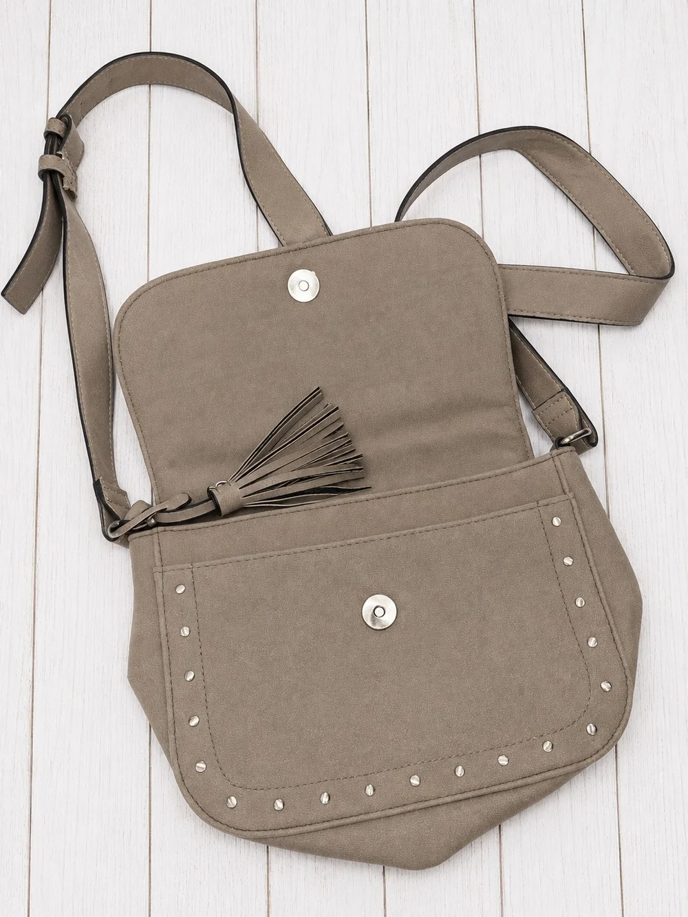Taupe Suede Crossbody Bag with Tassel